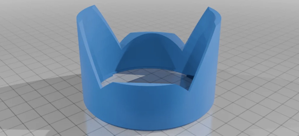 3D printed tulip lens hood mounted on a Canon EF lens, showing the cut petal geometry that matches the sensor's field of view.