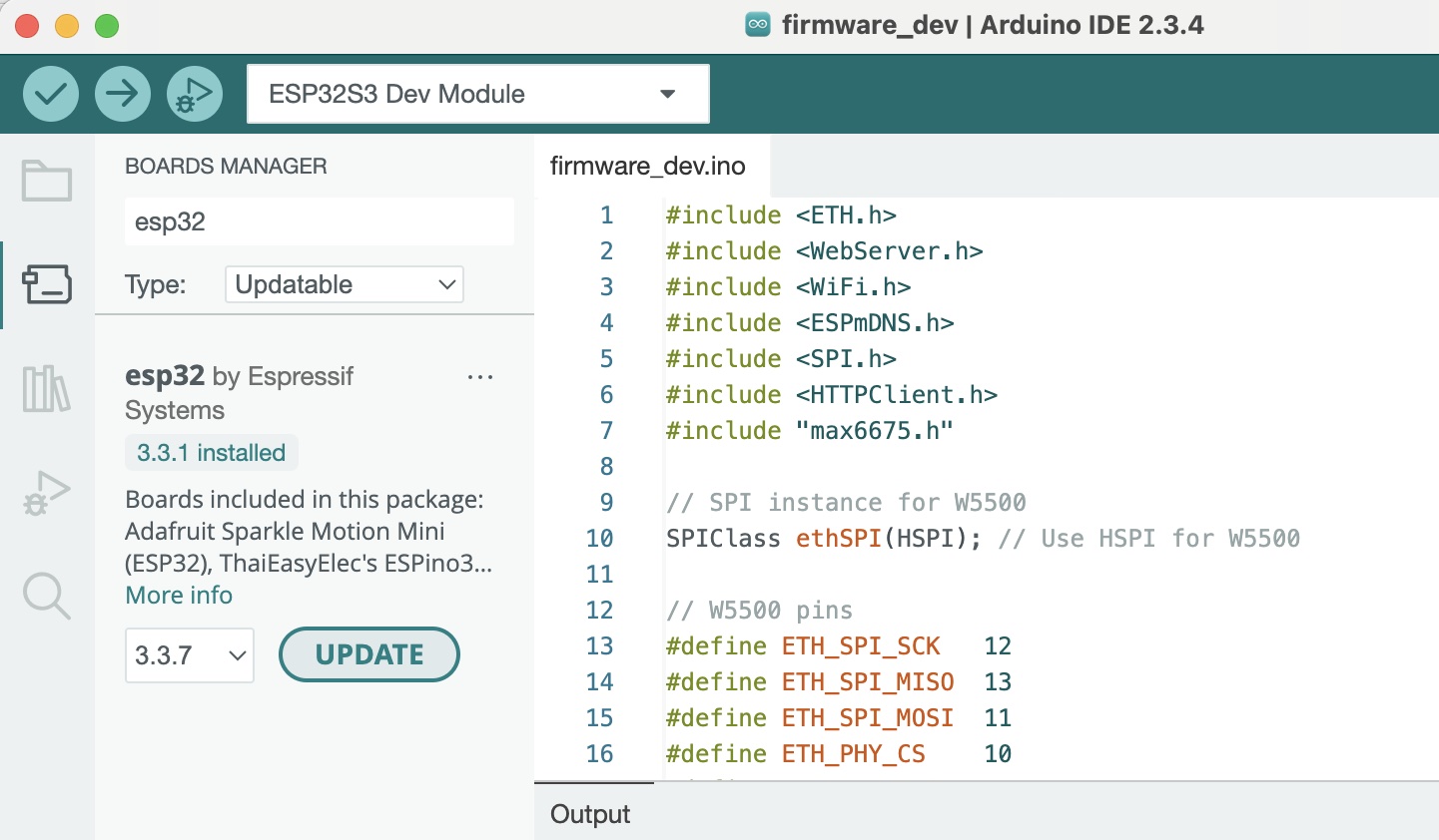 ESP32 Arduino core v3.x is required for W5500 support