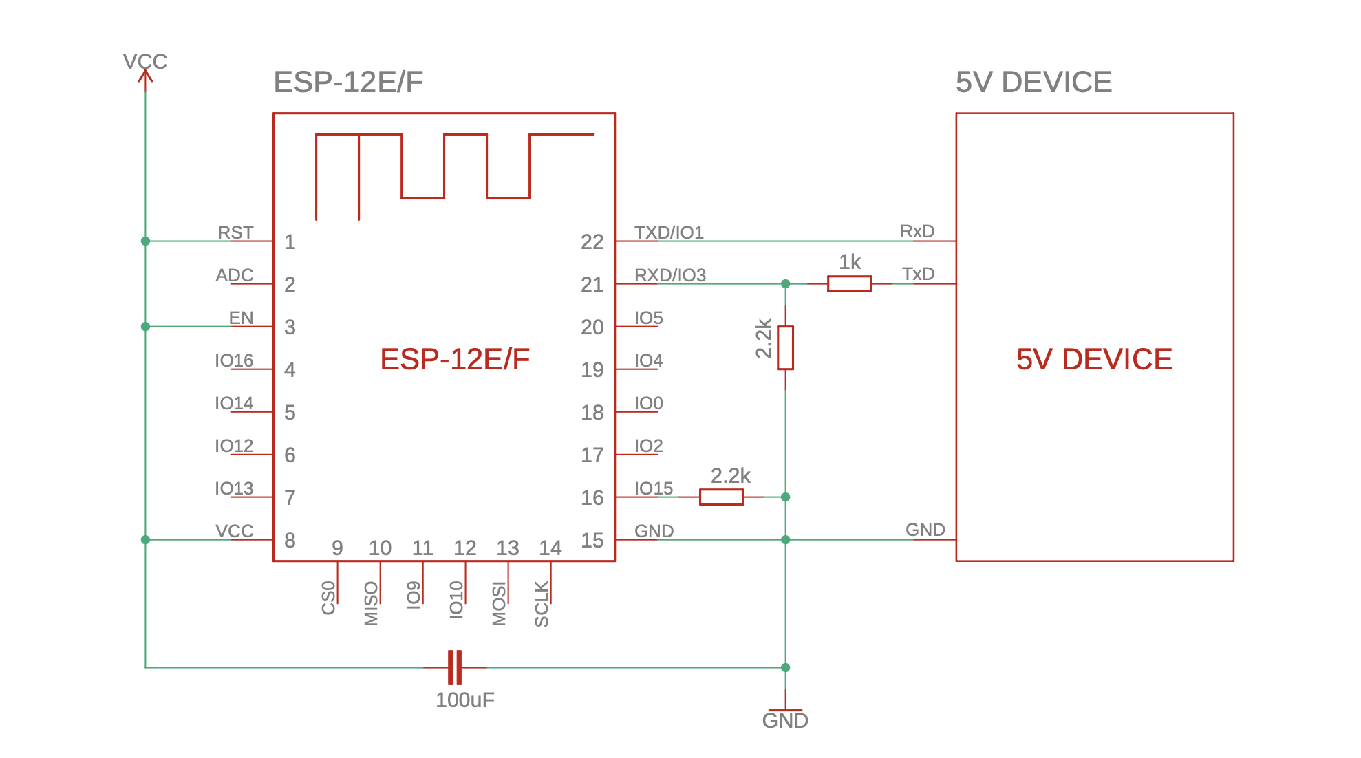 connecting esp8266 esp-01, esp-07 and esp-12 to 5v devices e.g. Arduino circuit diagram scetch