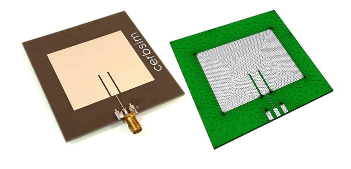 A photo of a real patch antenna pcb next to the 3D geometrie's mesh. The geometry is converted from fabrication data (gerbers) of the actual PCB. The mesh is intended for use in FEM full wave simulation (maxwell).
