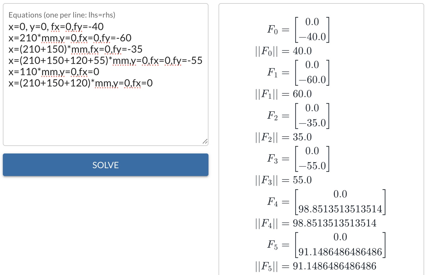 Input and solution for FS-Quiz Question 157 (2D static equilibrium), showing the reaction forces at the two supports
