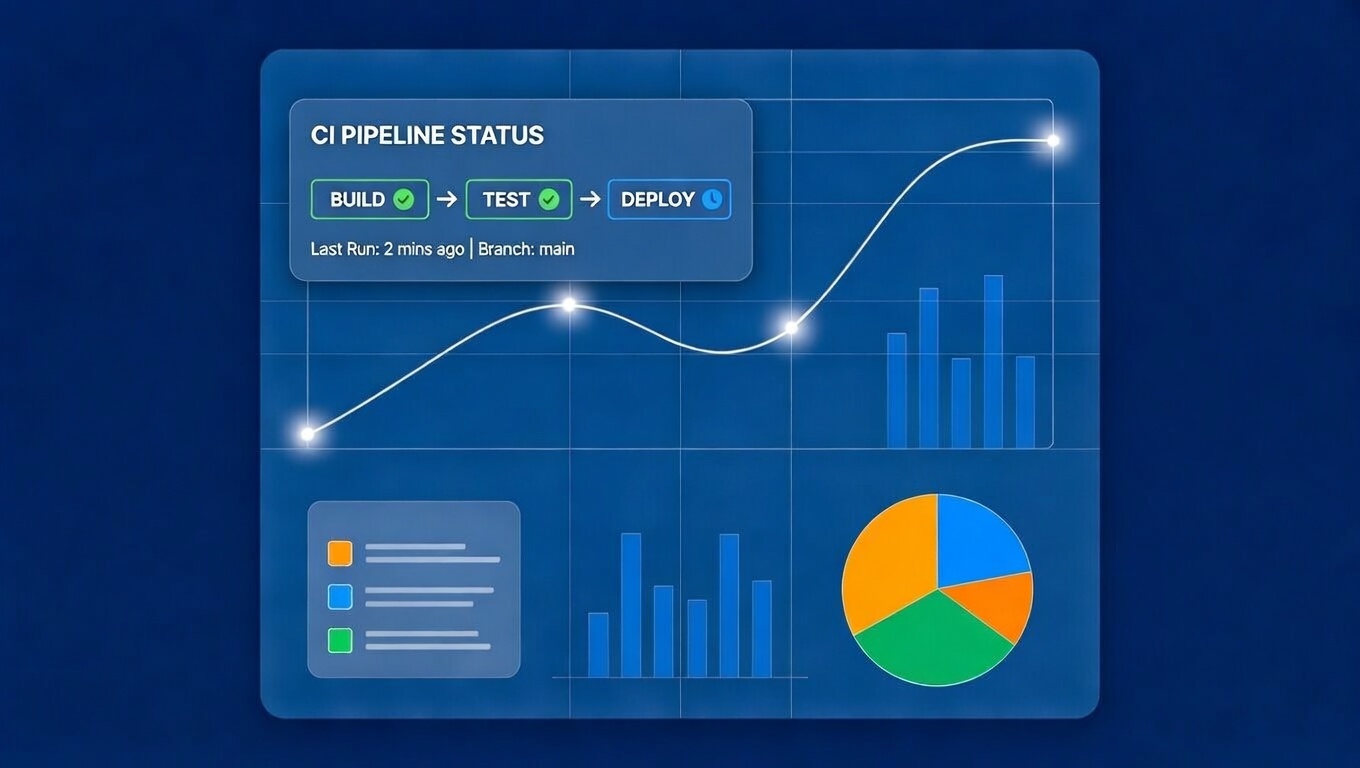 Analytics dashboard mockup showing github pages style action summary from build to test to deploy for branch main.
